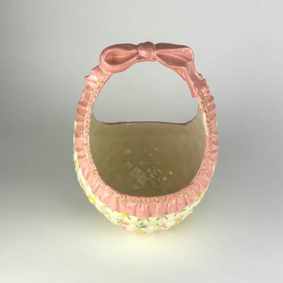 Ceramic Easter Basket with Pink Handle and Floral Design Vintage 1986 - Picture 6 of 9